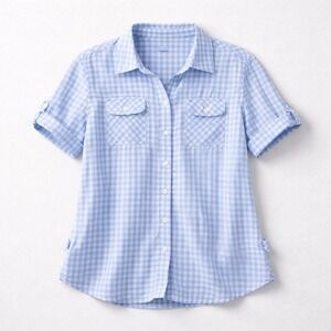 Jones New York Blue Gingham Check 100% Linen Button Down Short Sleeve Blouse L